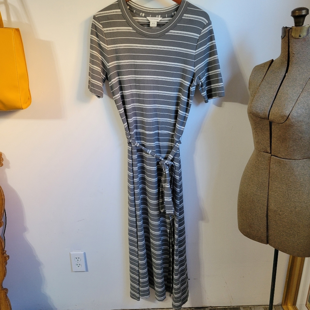 Club Monaco Gray Striped Short Sleeve Rib Knit Midi Dress Size XL - Picture 3 of 6